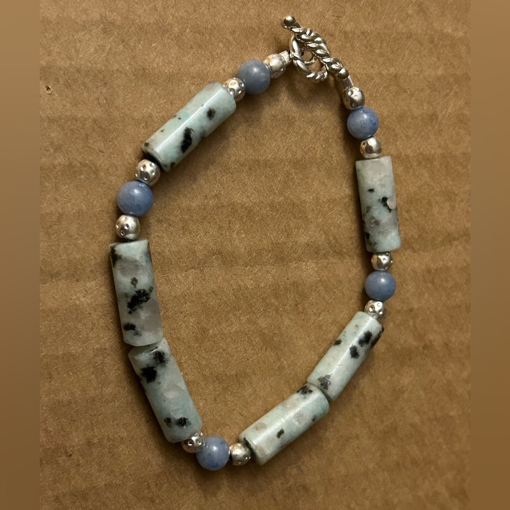 Hand Crafted Sesame Jasper, Angelite and Silver Beaded Bracelet